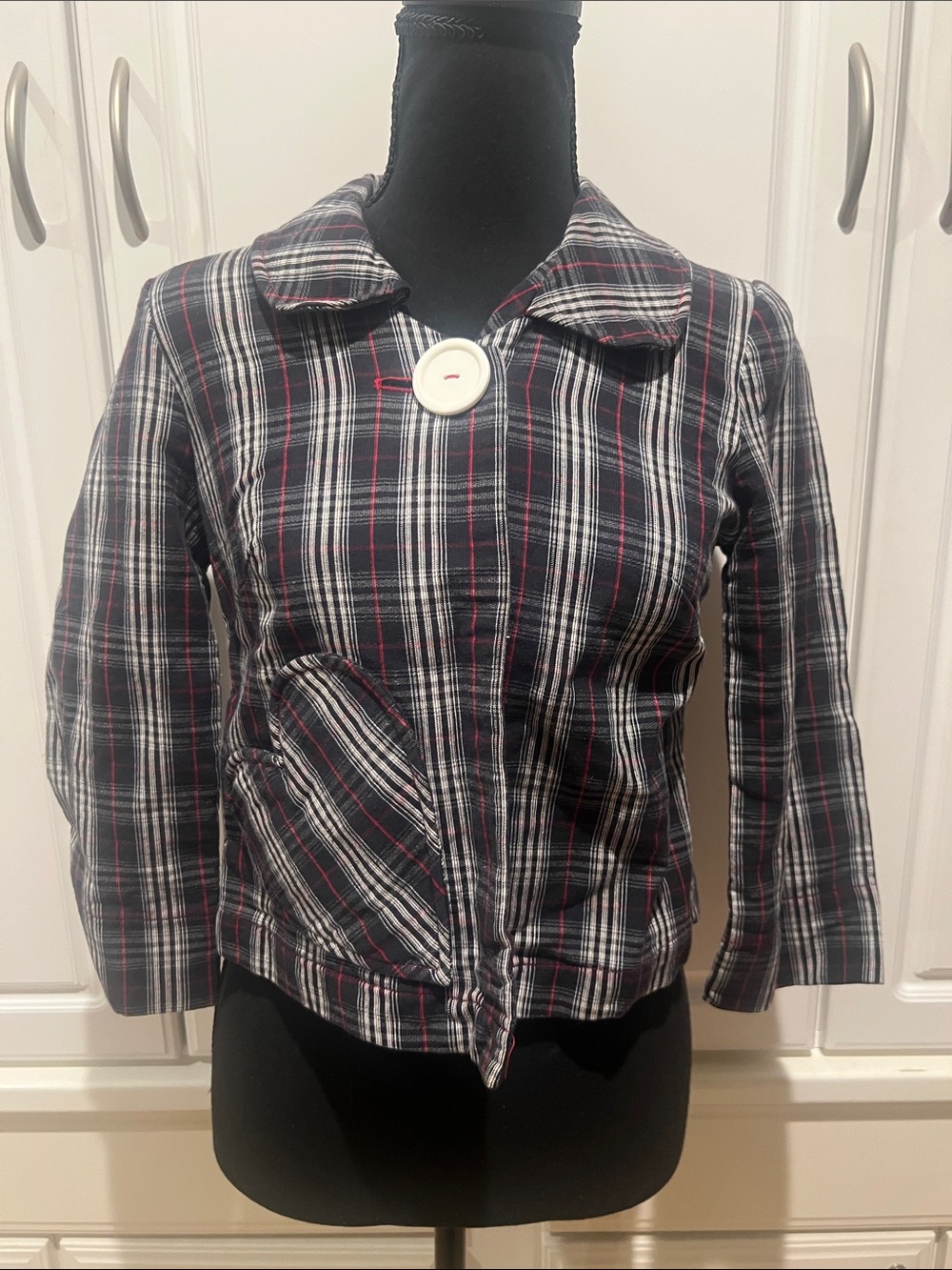 Womens Plaid Button-Front Jacket - Black/White/Red